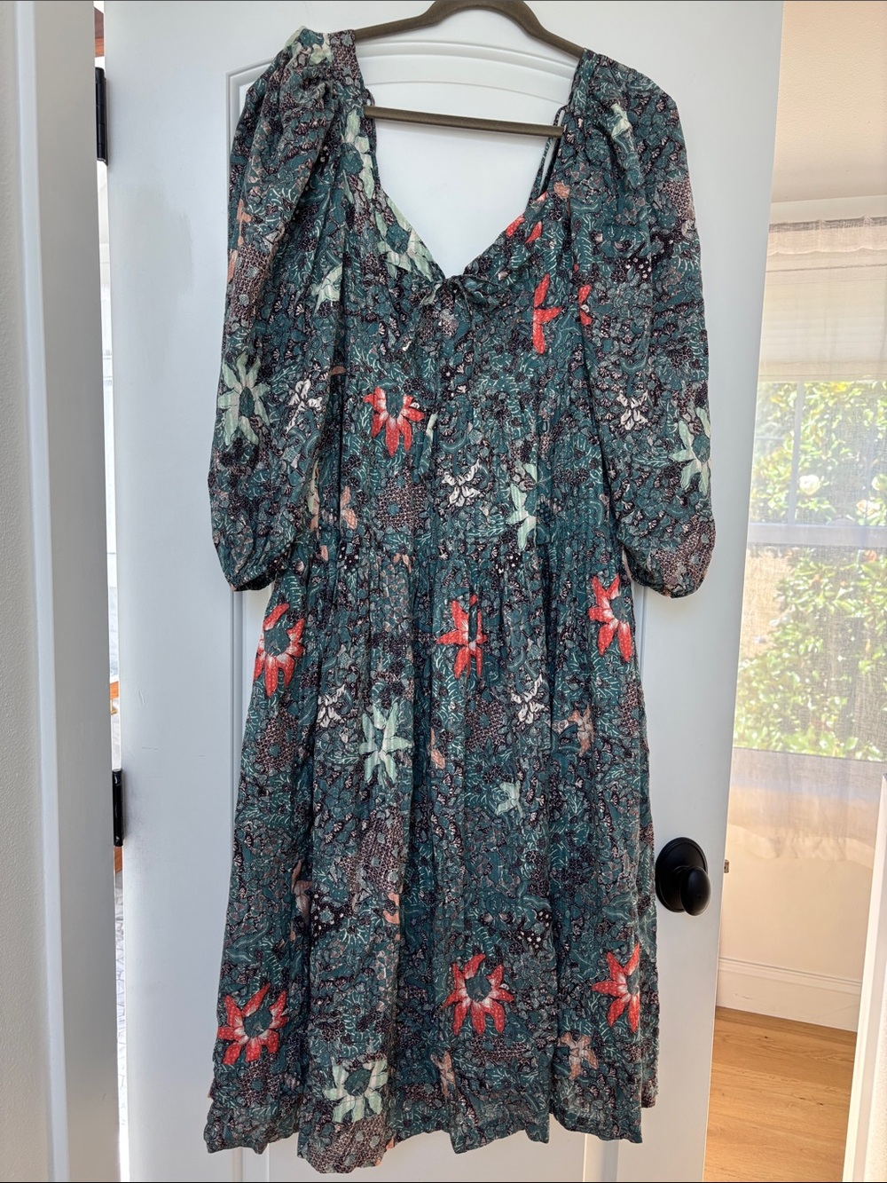 Ulla Johnson Blue Green Mermaid Floral Midi Dress with Puff Sleeves sz 6